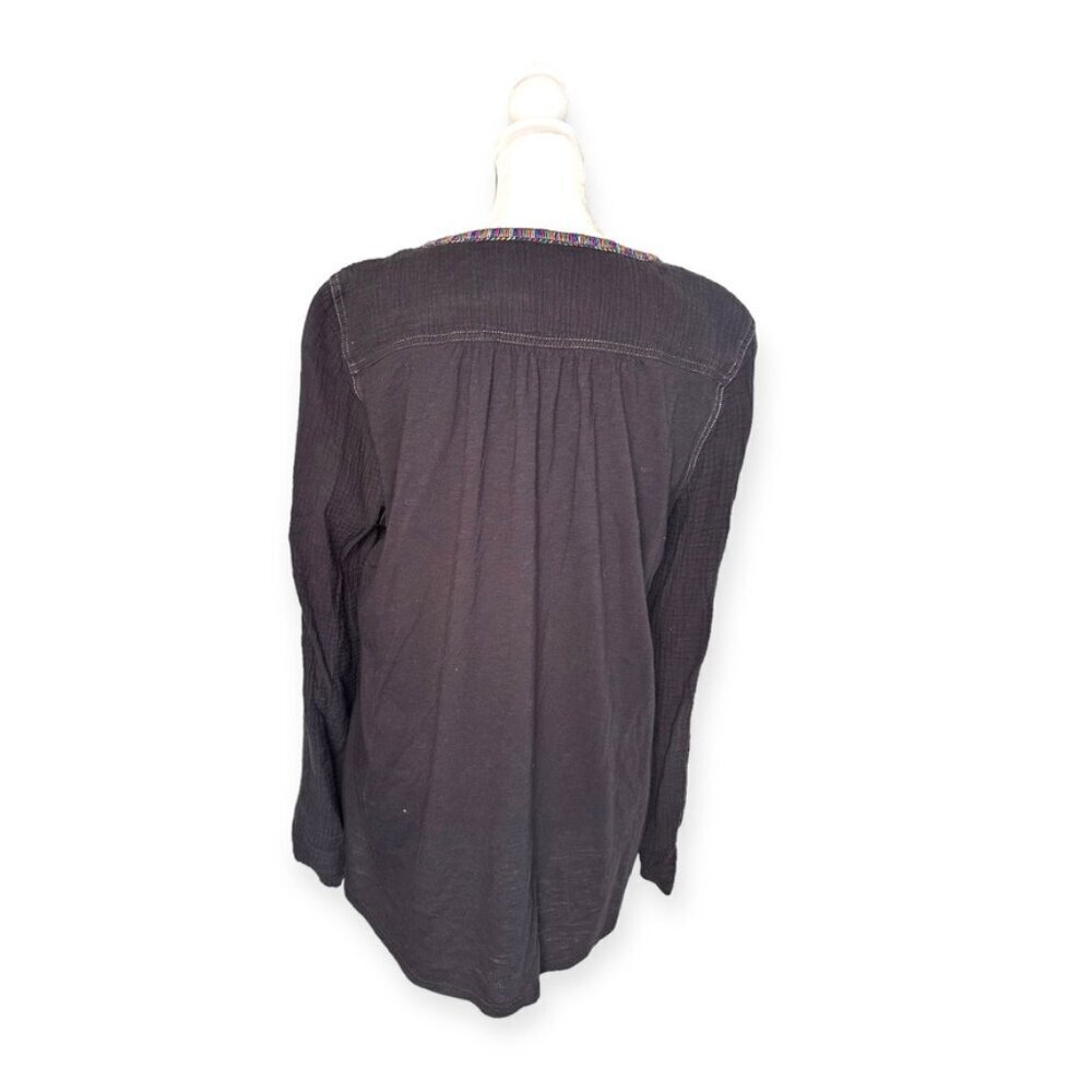 Anthropologie - Casual Black Long Sleeve Top with Embroidered Trim - Picture 2 of 3